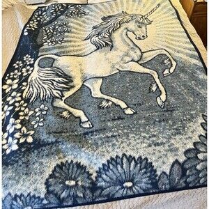 VTG Cannon Ibena UNICORN Flower Blanket Blue White Acrylic Reversible 53” x 72”